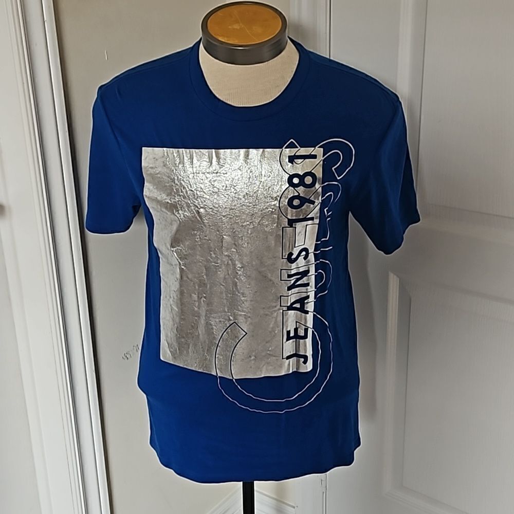 Guess Men's Logo Short Sleeves T-Shirt Medium Royal Blue/ Silver